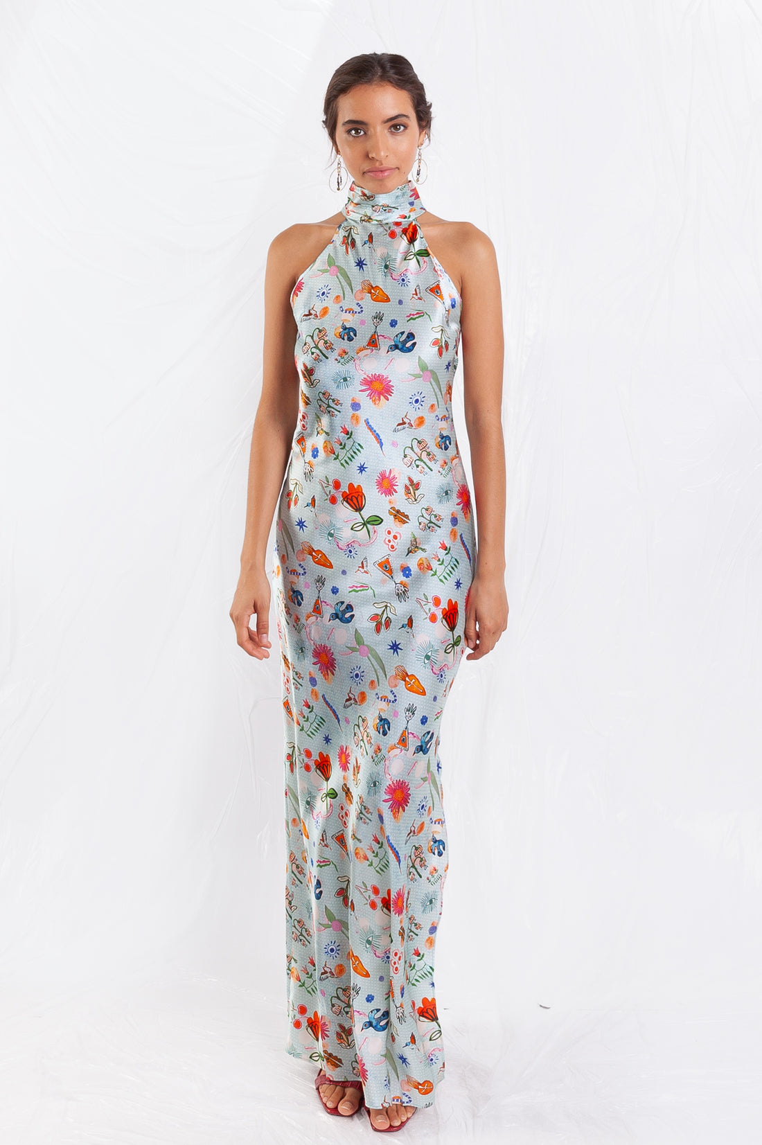 Jessica Russell Flint printed silk light blue high neck maxi dress with floral design