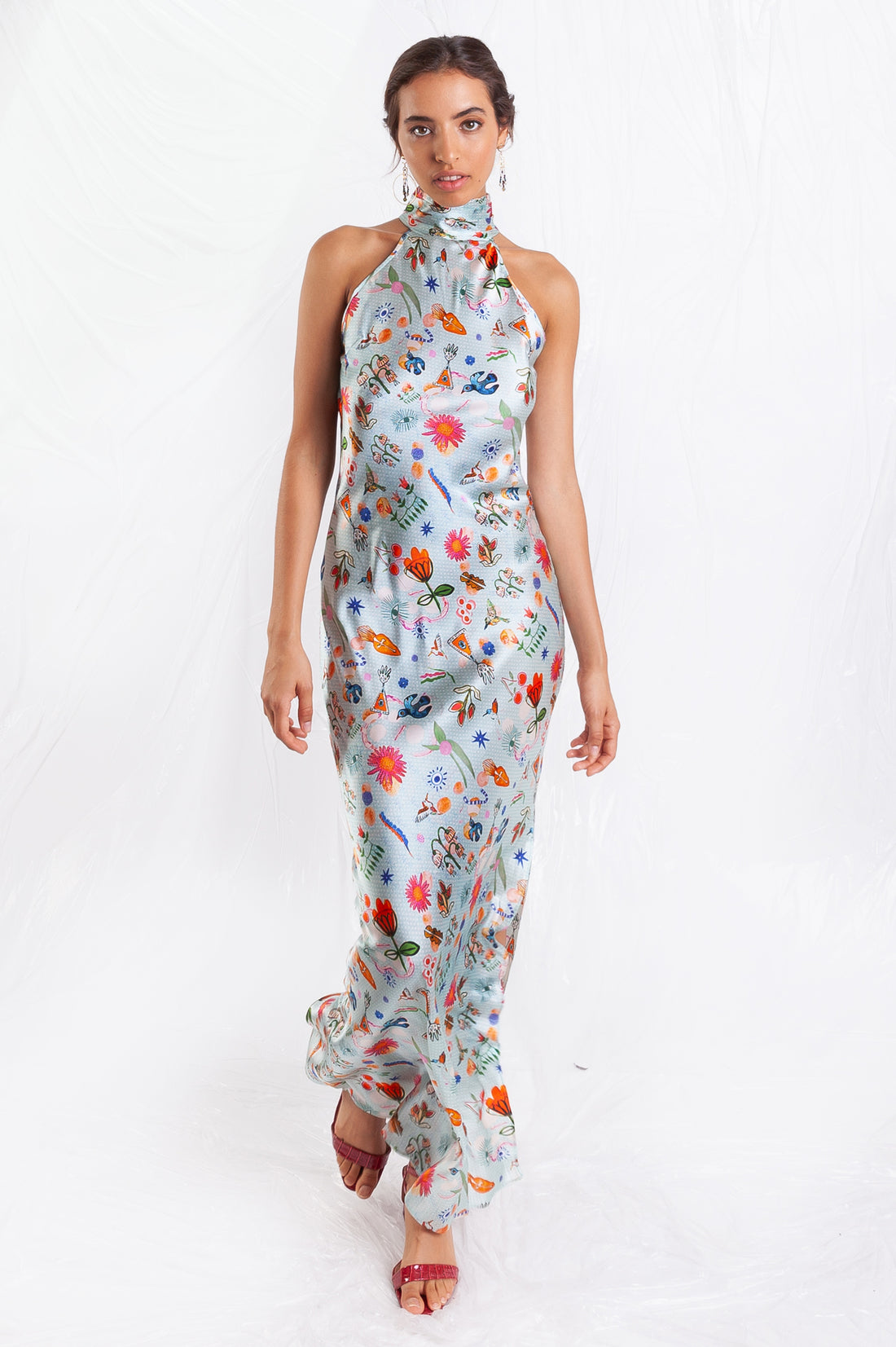 Jessica Russell Flint printed silk light blue high neck maxi dress with floral design