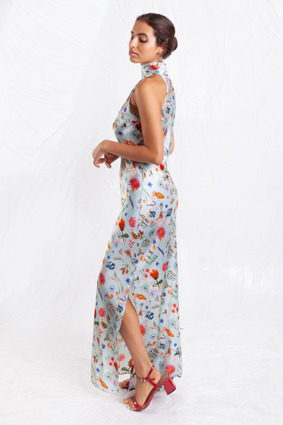 Jessica Russell Flint printed silk light blue high neck maxi dress with floral design