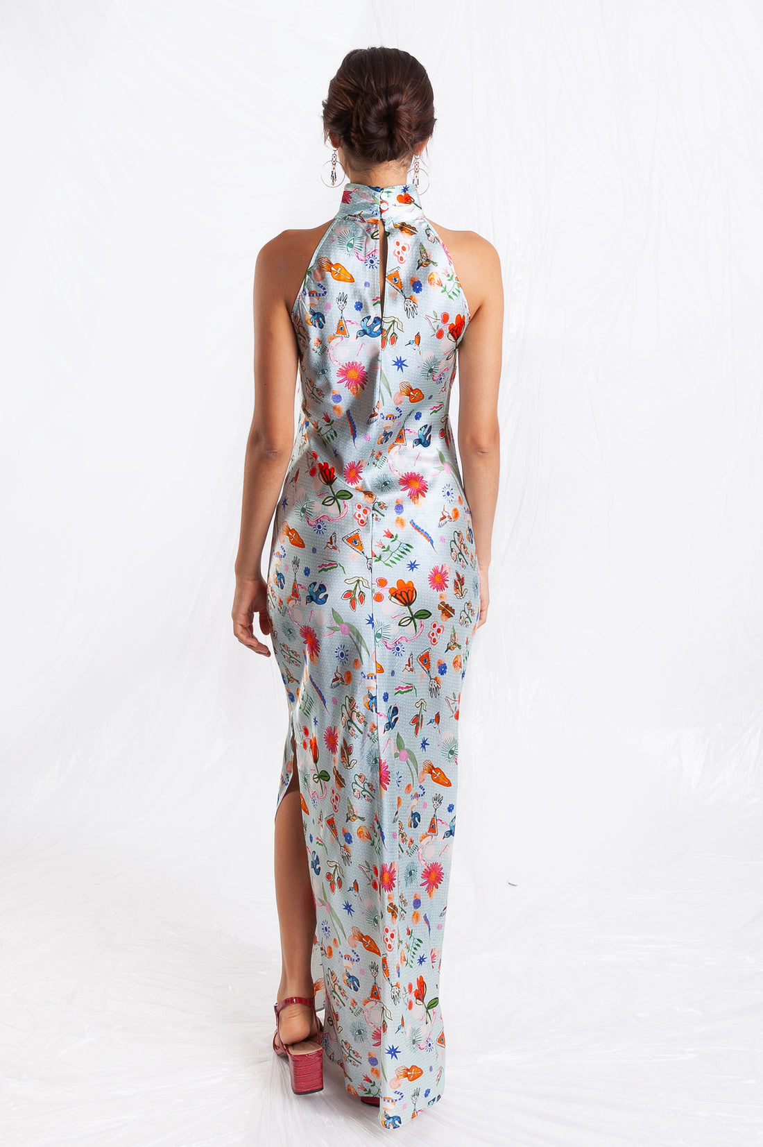 Jessica Russell Flint printed silk light blue high neck maxi dress with floral design