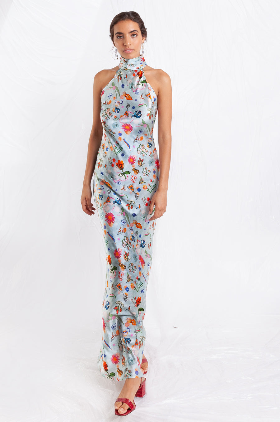 Jessica Russell Flint printed silk light blue high neck maxi dress with floral design