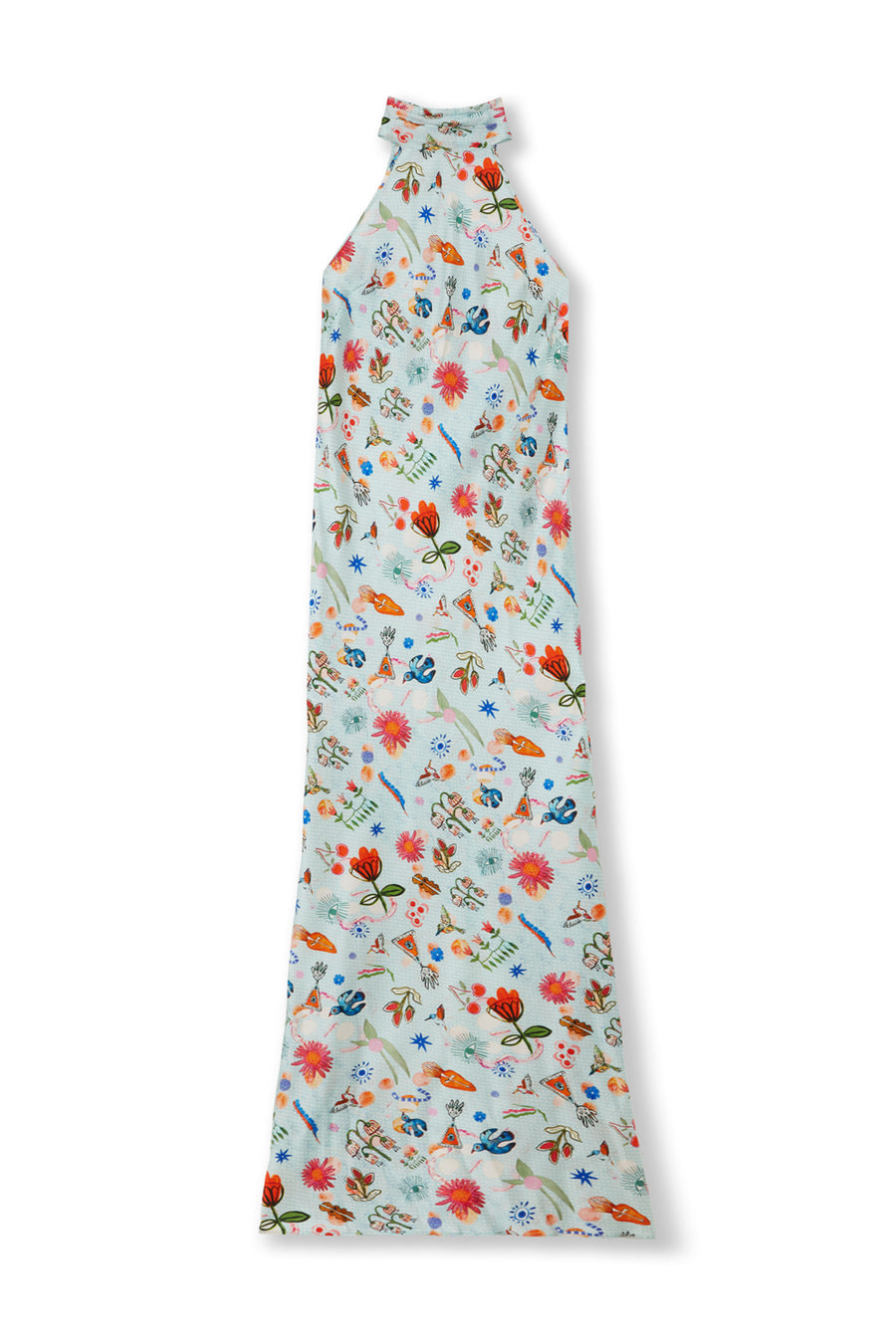 Jessica Russell Flint printed silk light blue high neck maxi dress with floral design