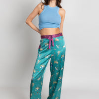 hand painted Persian night sky inspired print with mythical creatures, curious trinkets and gems silk pyjama bottoms