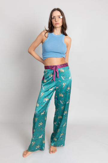 hand painted Persian night sky inspired print with mythical creatures, curious trinkets and gems silk pyjama bottoms