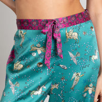 hand painted Persian night sky inspired print with mythical creatures, curious trinkets and gems silk pyjama bottoms