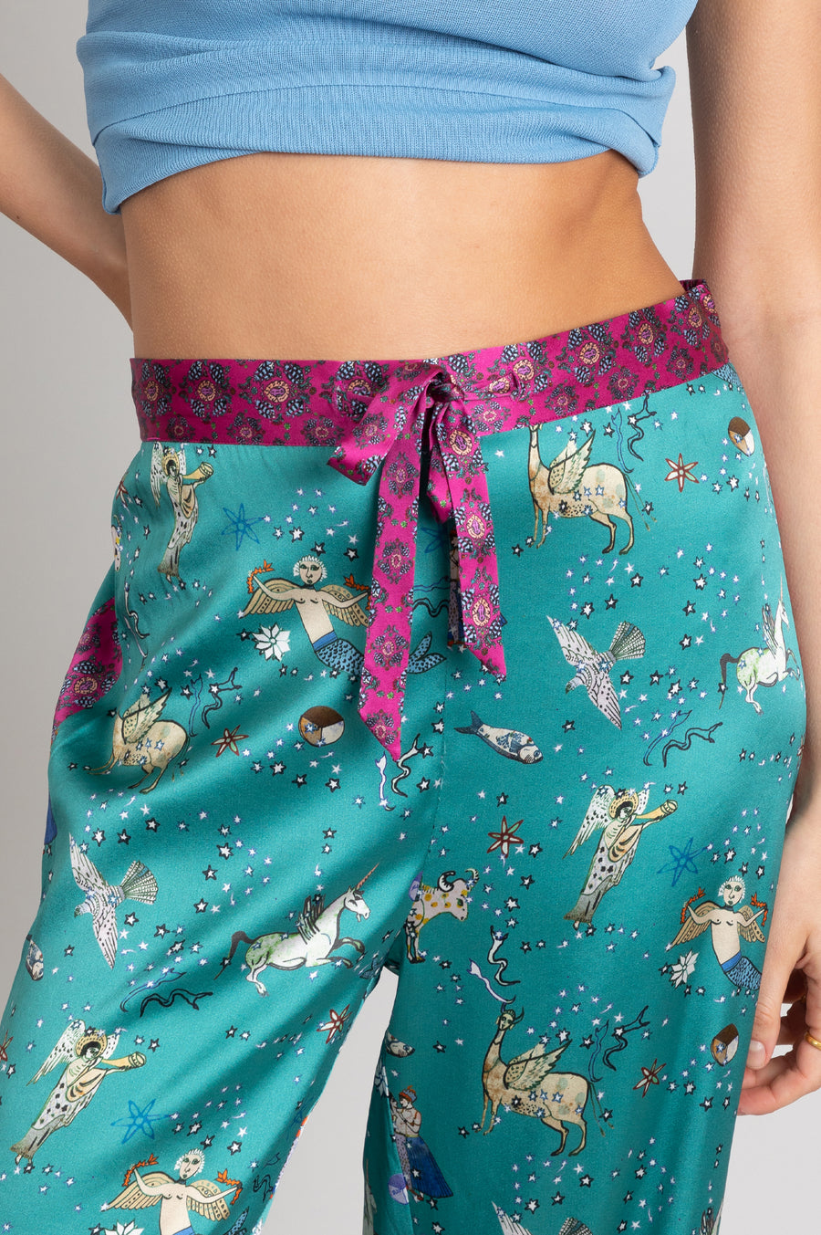 hand painted Persian night sky inspired print with mythical creatures, curious trinkets and gems silk pyjama bottoms