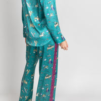 hand painted Persian night sky inspired print with mythical creatures, curious trinkets and gems silk pyjama bottoms