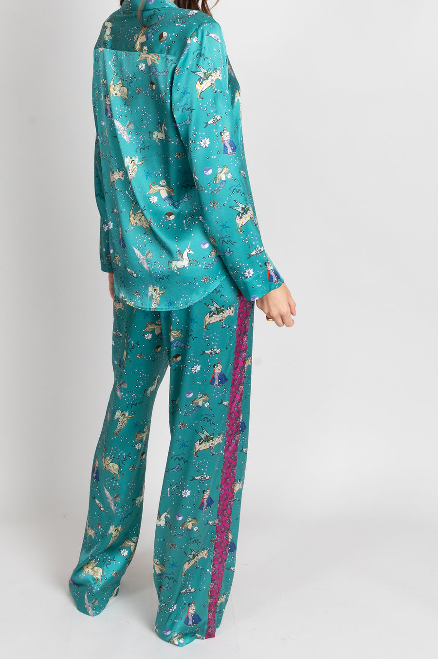 hand painted Persian night sky inspired print with mythical creatures, curious trinkets and gems silk pyjama bottoms