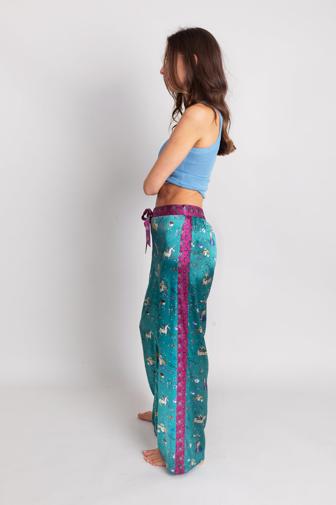 hand painted Persian night sky inspired print with mythical creatures, curious trinkets and gems silk pyjama bottoms