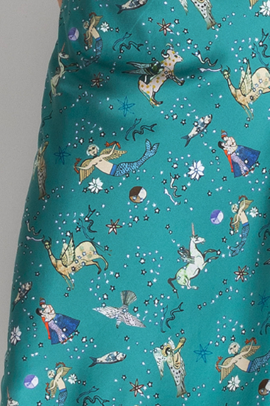 hand painted Persian night sky inspired print with mythical creatures, curious trinkets and gems silk long sleeve pyjama top