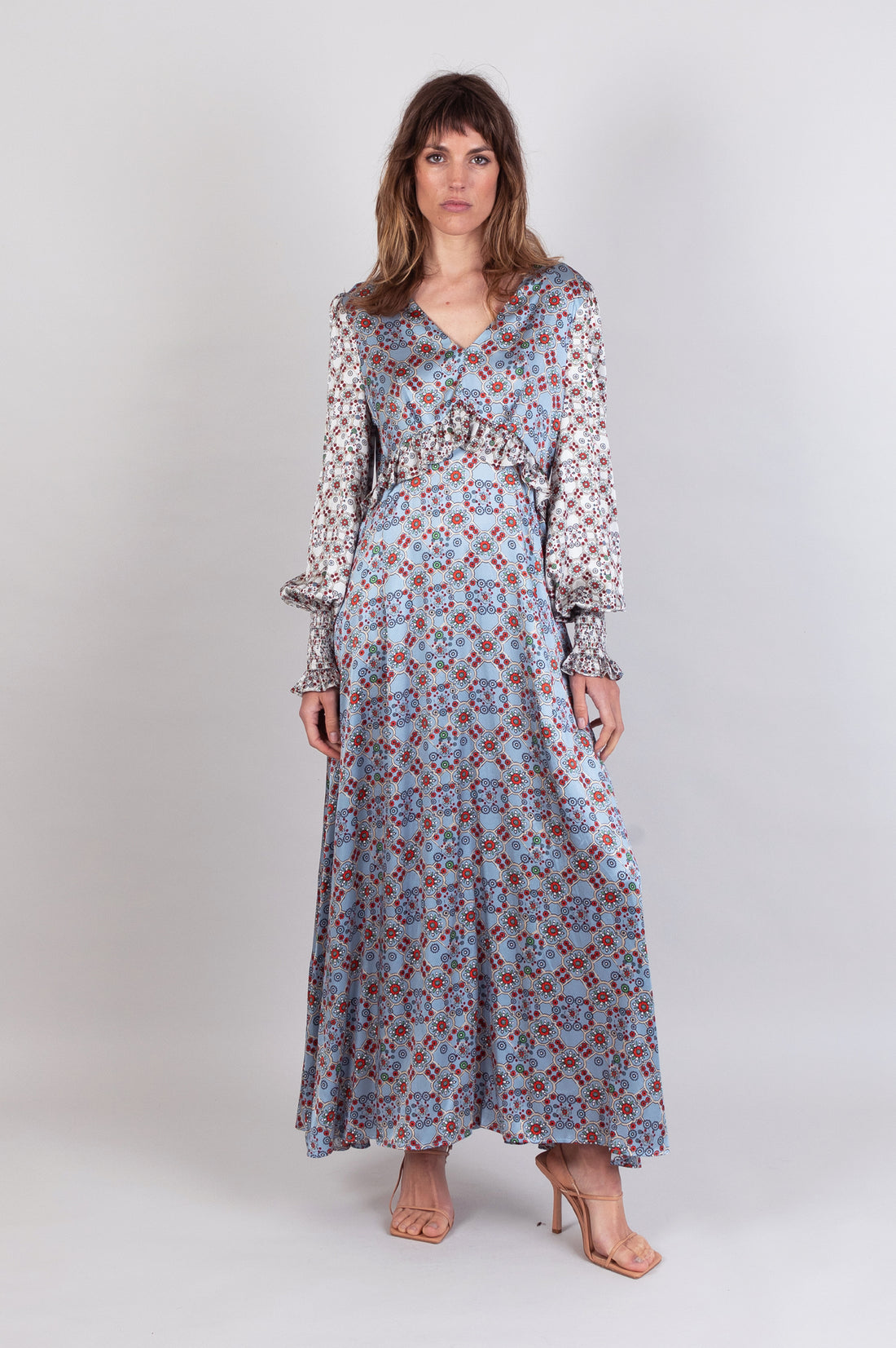 hand painted ice-blue tile print soft stretch silk maxi smock dress