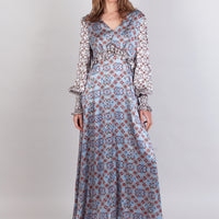 hand painted ice-blue tile print soft stretch silk maxi smock dress