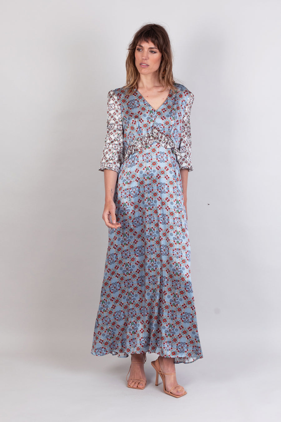 hand painted ice-blue tile print soft stretch silk maxi smock dress