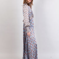 hand painted ice-blue tile print soft stretch silk maxi smock dress