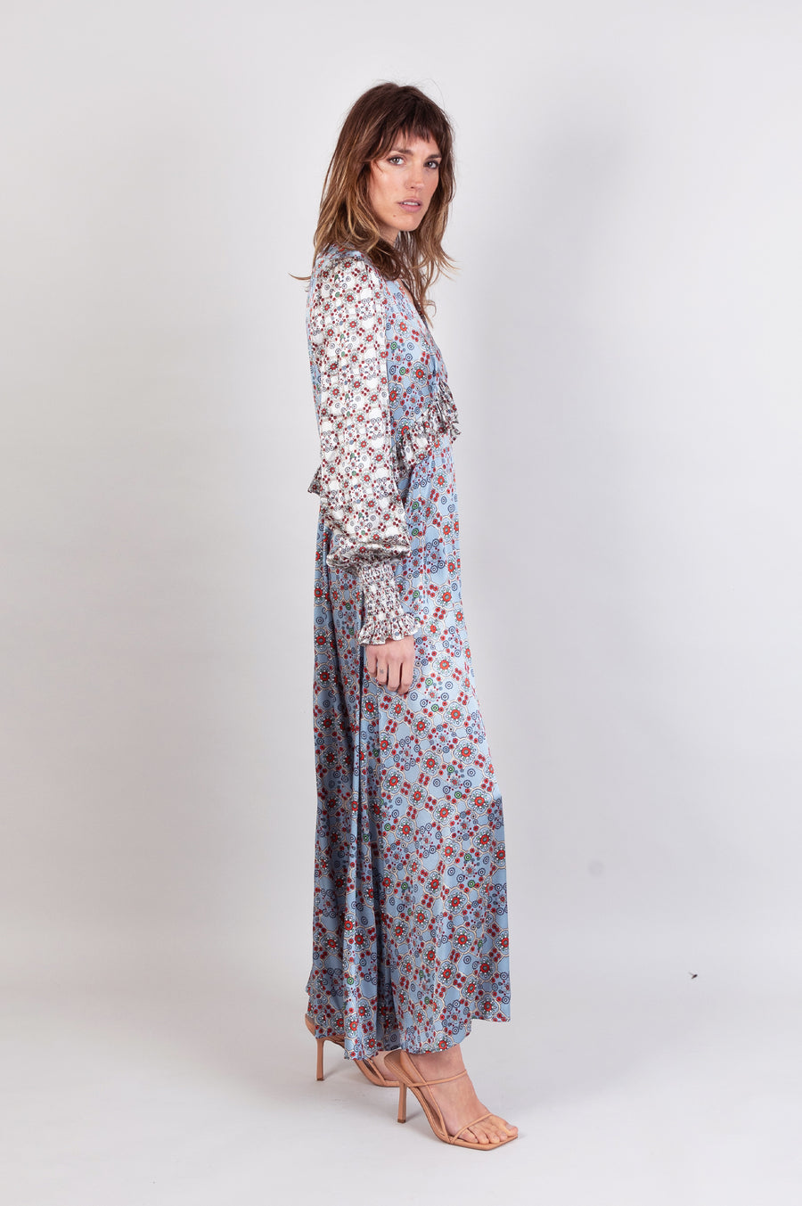 hand painted ice-blue tile print soft stretch silk maxi smock dress