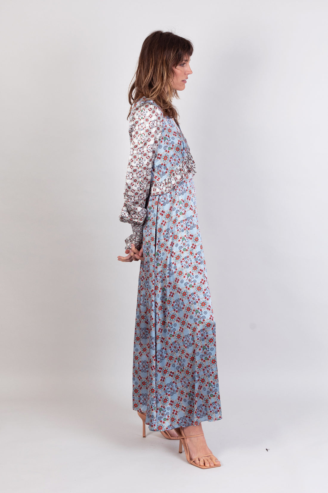 hand painted ice-blue tile print soft stretch silk maxi smock dress