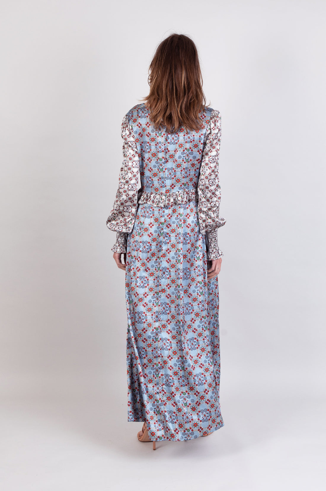 hand painted ice-blue tile print soft stretch silk maxi smock dress