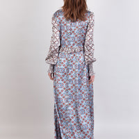 hand painted ice-blue tile print soft stretch silk maxi smock dress