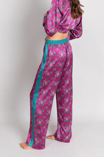 hand painted magenta Persian Parsley inspired tile print silk pyjama bottoms