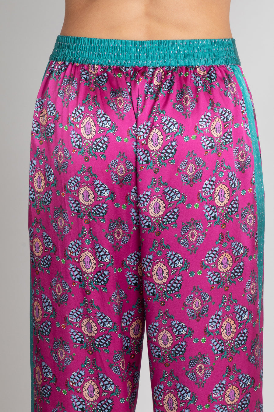 hand painted magenta Persian Parsley inspired tile print silk pyjama bottoms