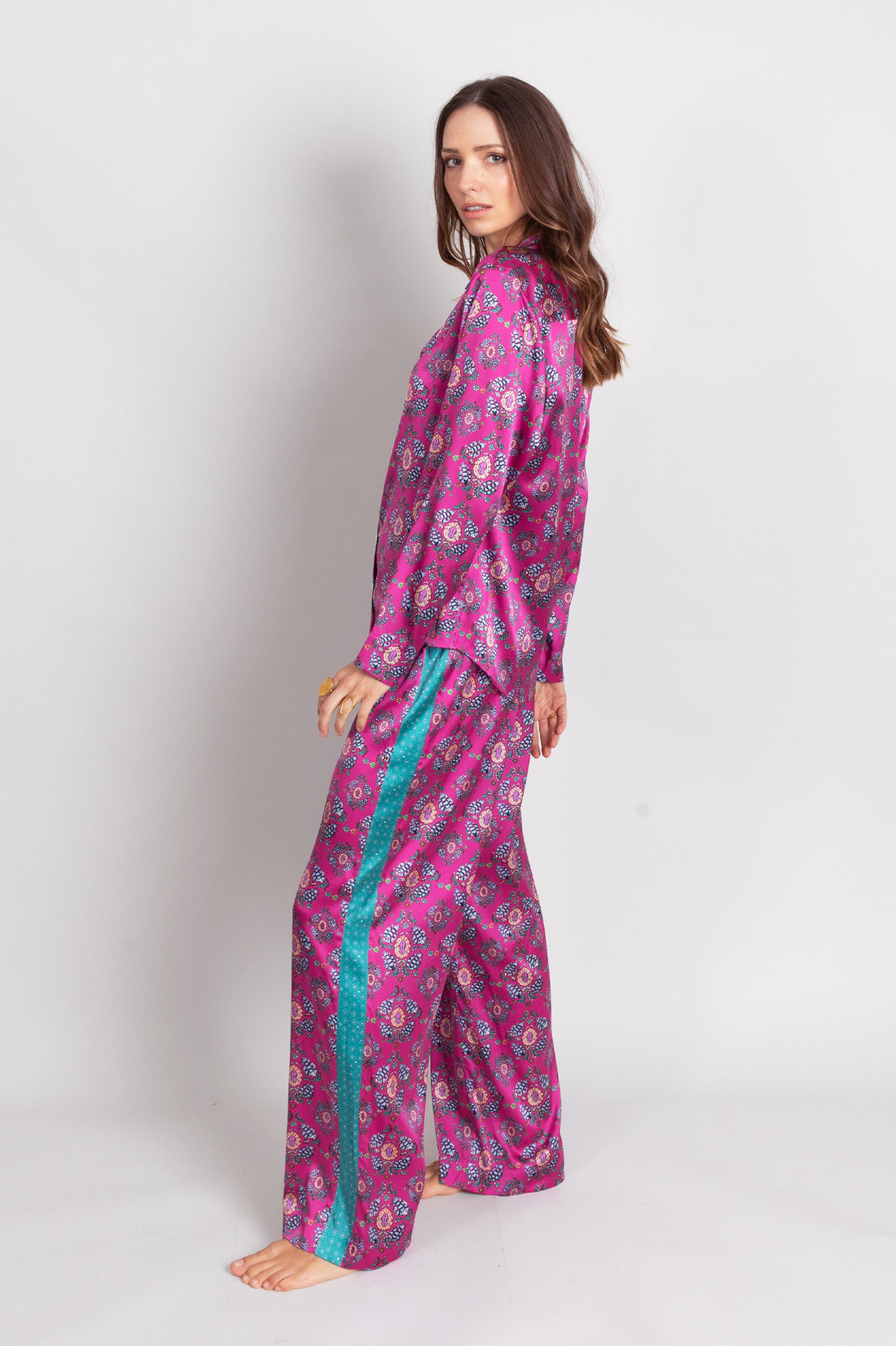 hand painted magenta Persian Parsley inspired tile print silk pyjama bottoms