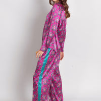 hand painted magenta Persian Parsley inspired tile print silk pyjama bottoms