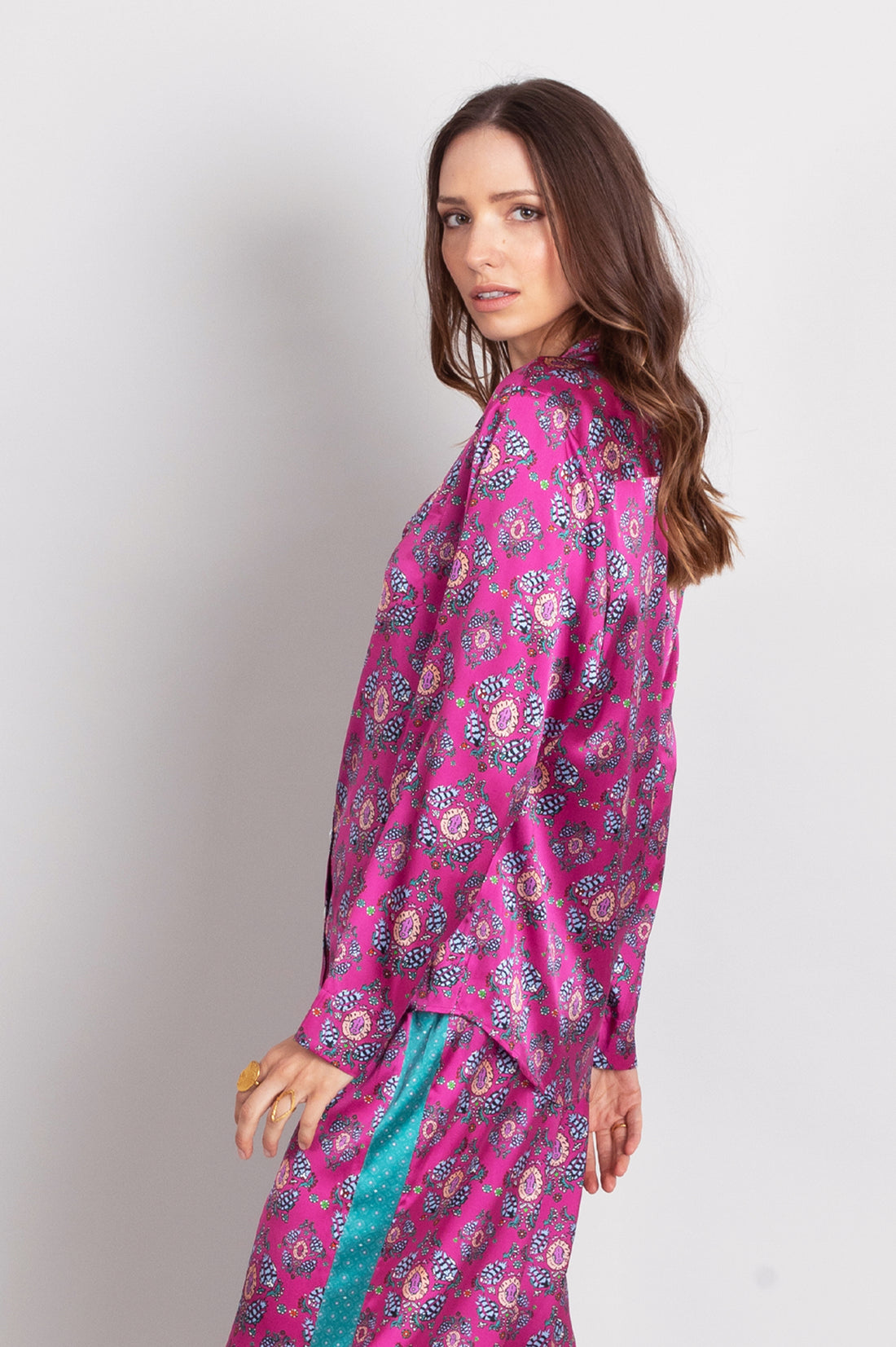 hand painted magenta Persian Parsley inspired tile print silk long sleeve pyjama top