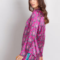 hand painted magenta Persian Parsley inspired tile print silk long sleeve pyjama top