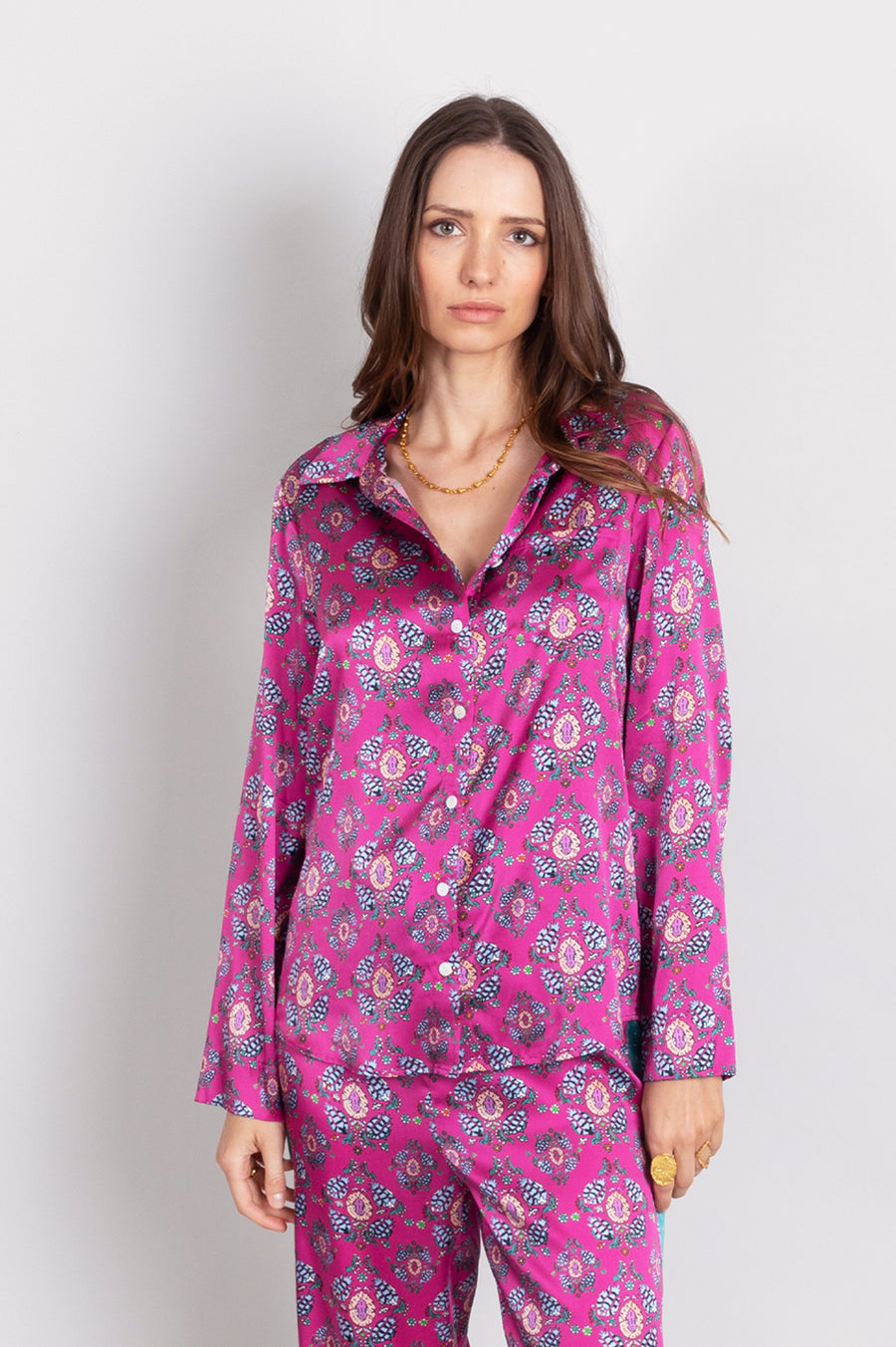 hand painted magenta Persian Parsley inspired tile print silk long sleeve pyjama top