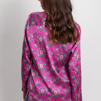 hand painted magenta Persian Parsley inspired tile print silk long sleeve pyjama top