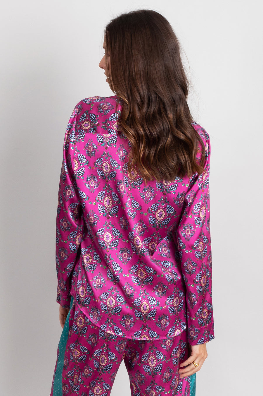 hand painted magenta Persian Parsley inspired tile print silk long sleeve pyjama top