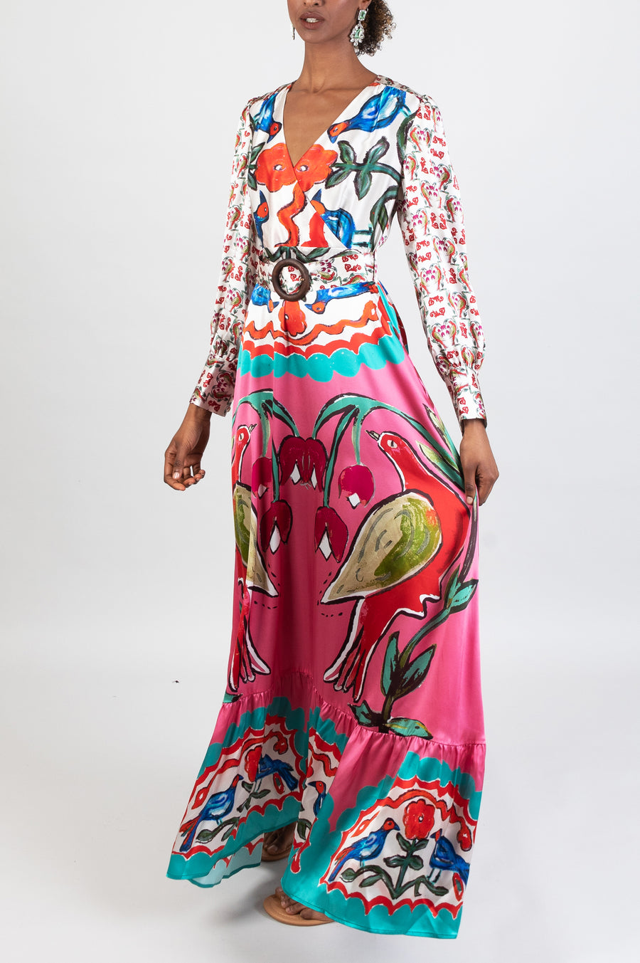 long multicoloured pink belted dress with hand-painted design in soul birds with sleeves