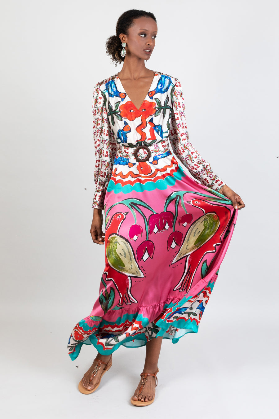 long multicoloured pink belted dress with hand-painted design in soul birds with sleeves