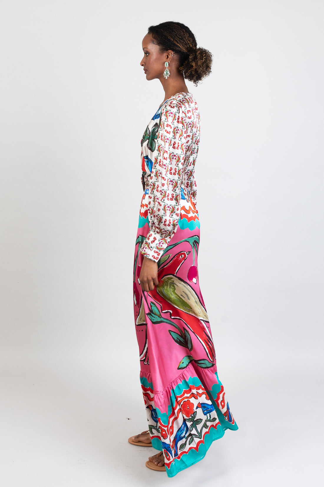 long multicoloured pink belted dress with hand-painted design in soul birds with sleeves