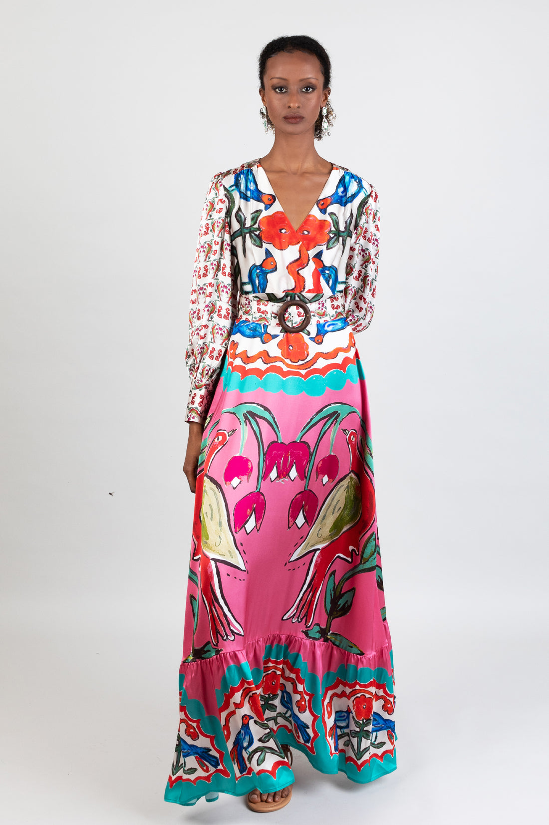 long multicoloured pink belted dress with hand-painted design in soul birds with sleeves