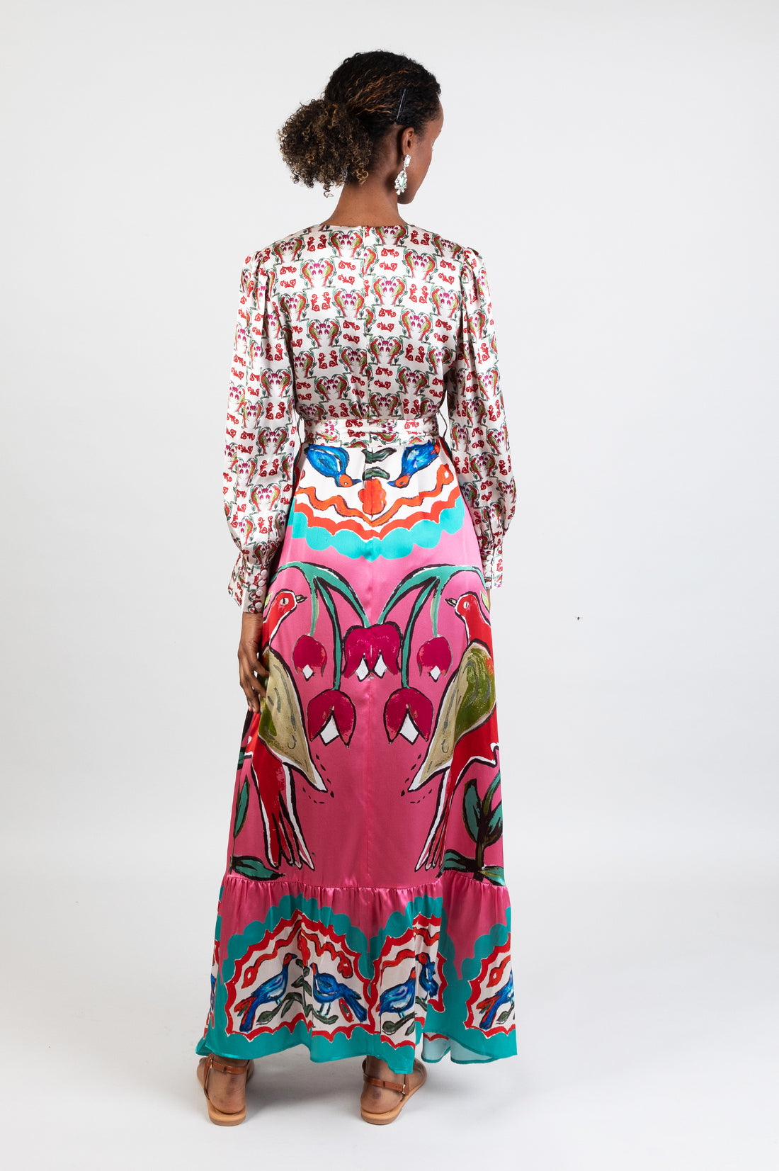 long multicoloured pink belted dress with hand-painted design in soul birds with sleeves