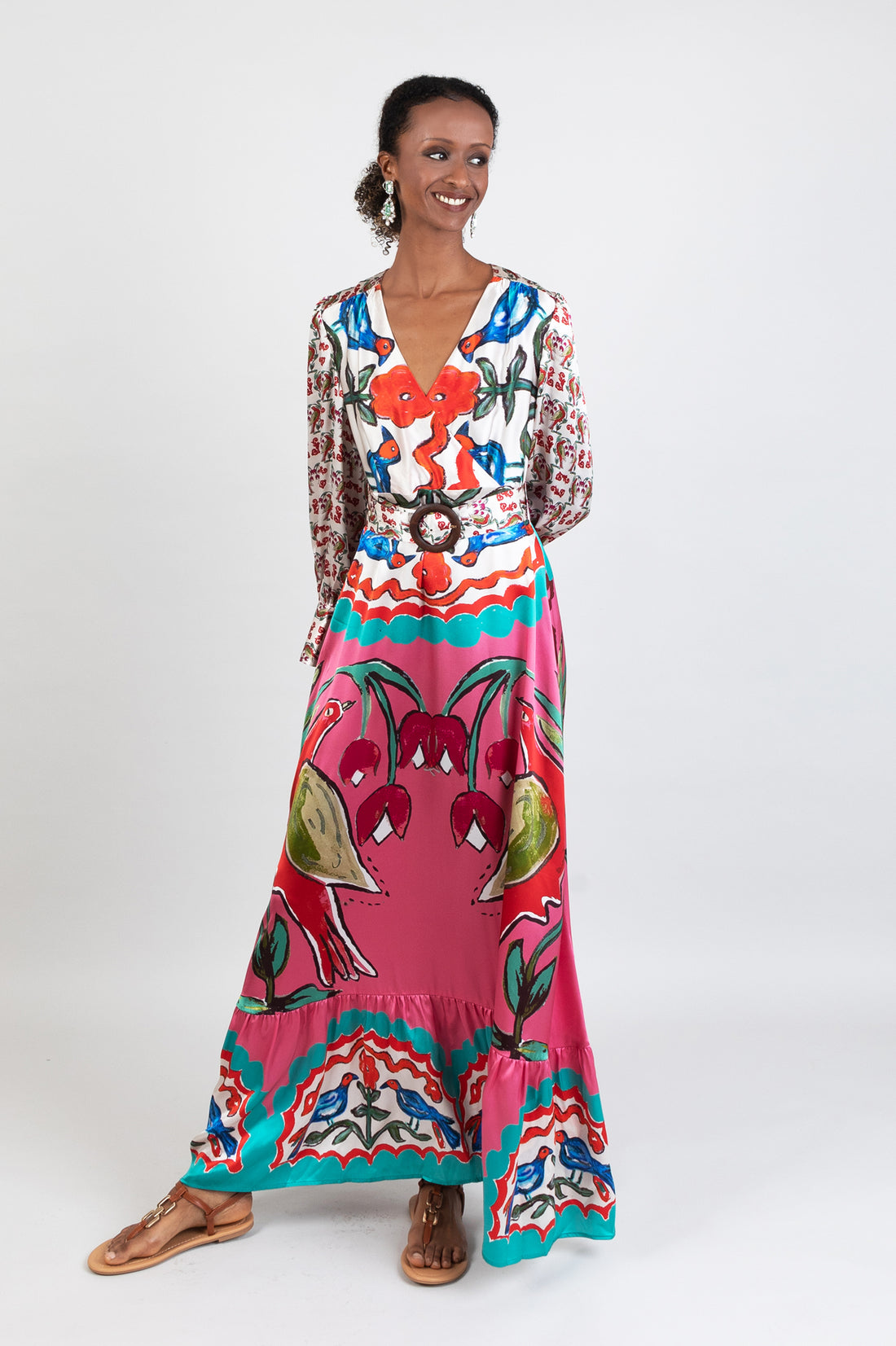 long multicoloured pink belted dress with hand-painted design in soul birds with sleeves