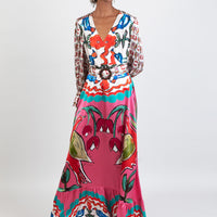 long multicoloured pink belted dress with hand-painted design in soul birds with sleeves