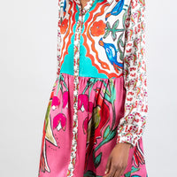 long multicoloured pink short shirt dress with hand-painted design in soul birds