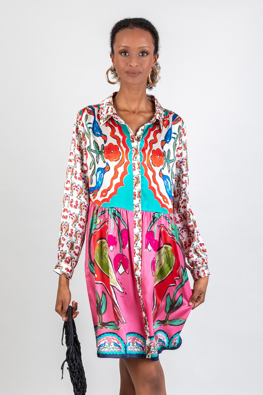 long multicoloured pink short shirt dress with hand-painted design in soul birds