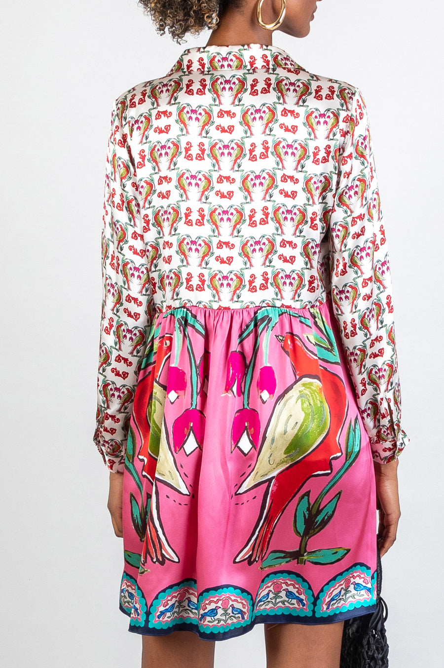 long multicoloured pink short shirt dress with hand-painted design in soul birds