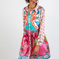 long multicoloured pink short shirt dress with hand-painted design in soul birds