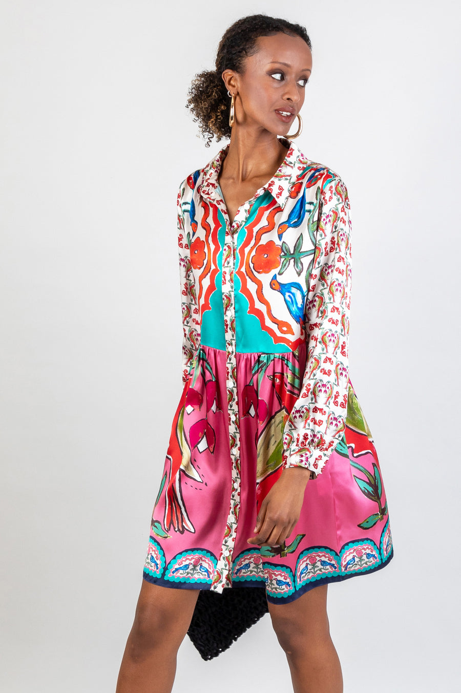 long multicoloured pink short shirt dress with hand-painted design in soul birds