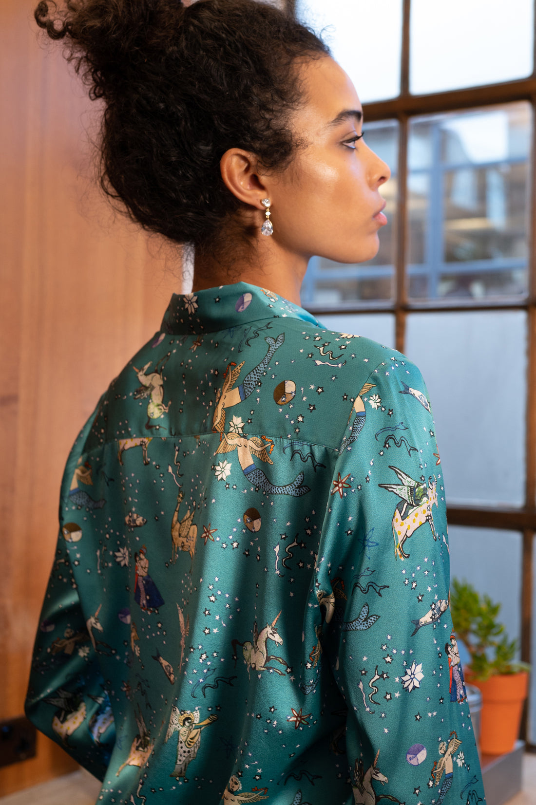 hand painted Persian night sky inspired print with mythical creatures, curious trinkets and gems silk long sleeve pyjama top