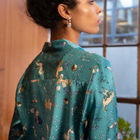 hand painted Persian night sky inspired print with mythical creatures, curious trinkets and gems silk long sleeve pyjama top