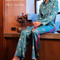 hand painted Persian night sky inspired print with mythical creatures, curious trinkets and gems silk pyjama bottoms