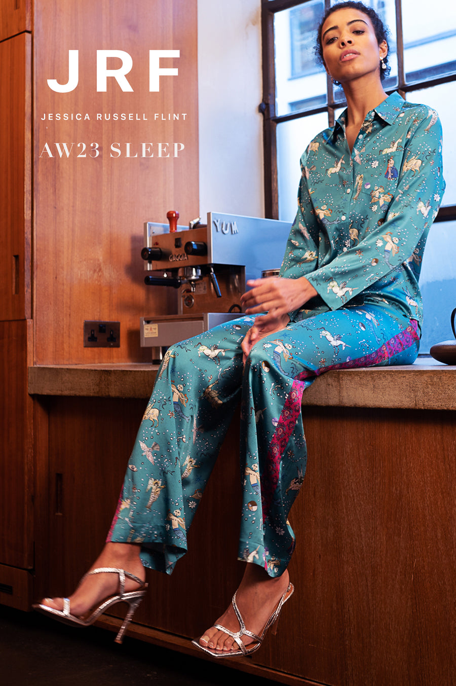 hand painted Persian night sky inspired print with mythical creatures, curious trinkets and gems silk pyjama bottoms