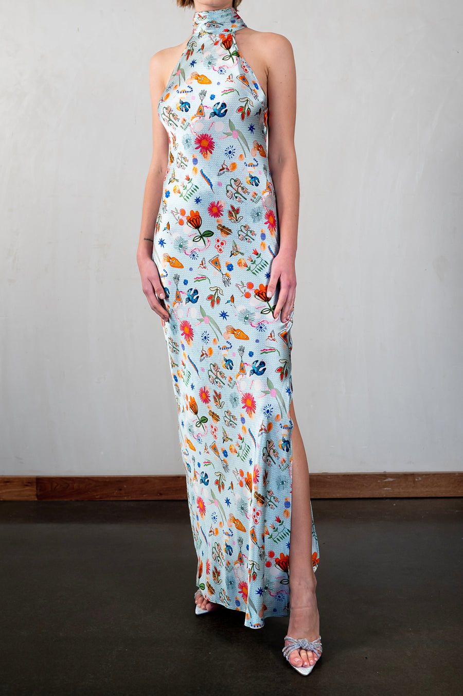 Jessica Russell Flint printed silk light blue high neck maxi dress with floral design