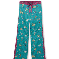 hand painted Persian night sky inspired print with mythical creatures, curious trinkets and gems silk pyjama bottoms