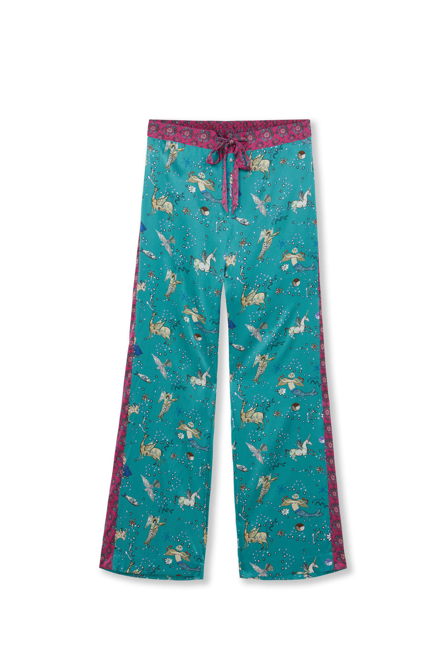 hand painted Persian night sky inspired print with mythical creatures, curious trinkets and gems silk pyjama bottoms